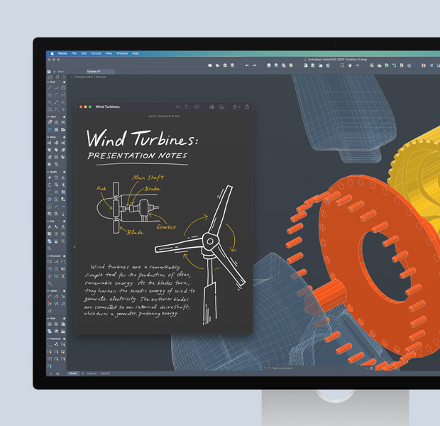 Display screen showing an open Autodesk AutoCAD project including drawings and notes