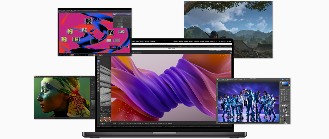 Several screens demonstrate sharp images and productive apps that function on Apple silicon.