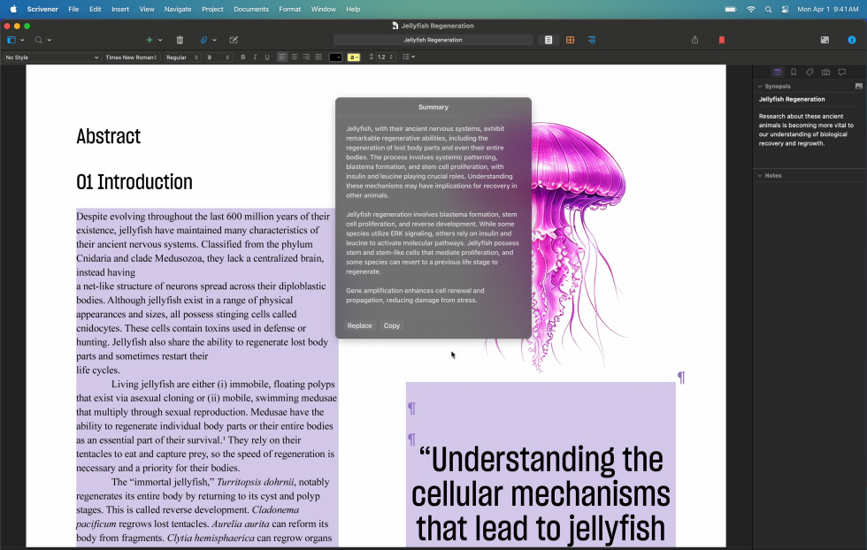 Utilisation des outils d’écriture Apple Intelligence pour résumer un paragraphe d’un travail universitaire sur les méduses, plusieurs paragraphes se résumant en une seule phrase