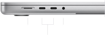 Il lato sinistro di un MacBook Pro 16 pollici con lo schermo chiuso, si notano la porta MagSafe 3, due porte Thunderbolt 5 e il jack cuffie