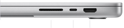 Il lato destro di un MacBook Pro 16 pollici con lo schermo chiuso, si notano lo slot SDXC card, una porta Thunderbolt 5 e la porta HDMI