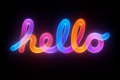 Multicolored, glowing bubble letters spelling 'hello'