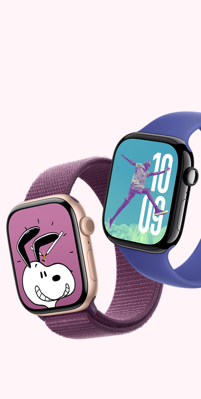 Two Apple Watch Series 10. The first has a Snoopy watch face and a Plum Sport Loop. The second has a Photos watch face and an Ultramarine Solo Loop.