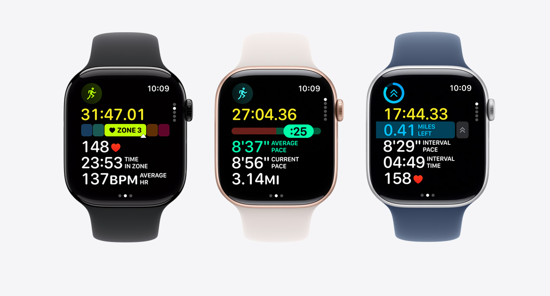 Three Apple Watch Series 10. The first shows Heart Rate Zones in a workout, the second shows Pacer, and the third shows a custom workout with intervals.