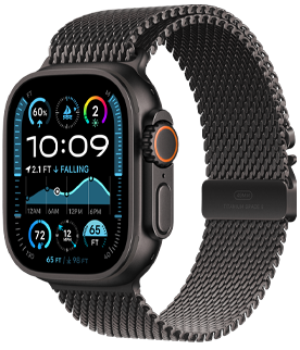 Apple Watch Ultra 2 with a black titanium case and Black Trail Loop band.