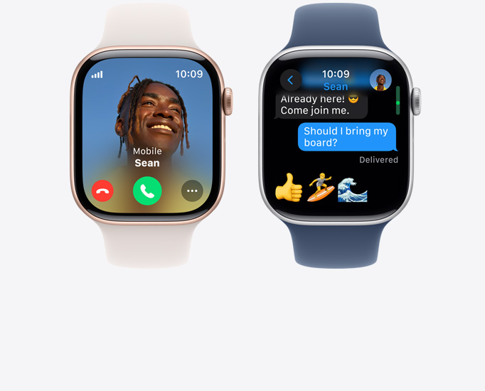 To Apple Watch Series 10-modeller vist forfra med et opkald og en tekstbesked.