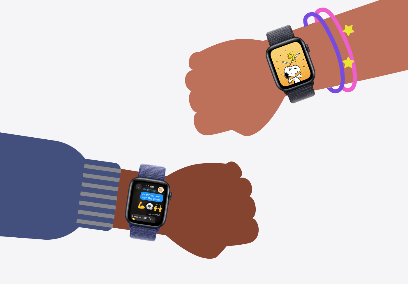 Ilustracja przedstawiająca dwójkę dzieci z założonymi Apple Watch SE.