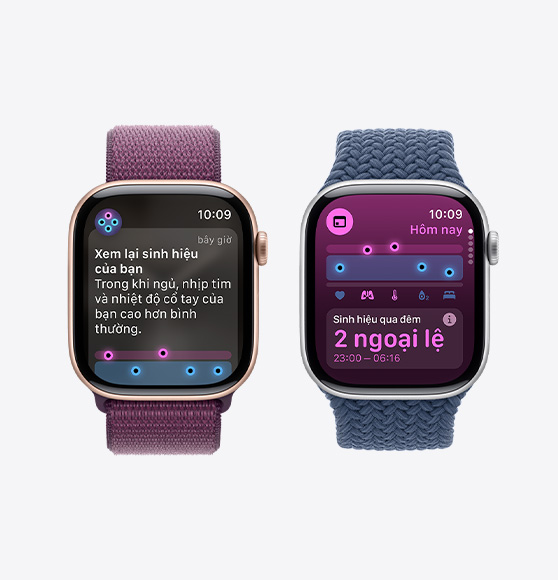 Thông báo Xem lại sinh hiệu của bạn trên Apple Watch Series 10, và ứng dụng Sinh Hiệu hiển thị các chỉ số sinh hiệu qua đêm với hai ngoại lệ trên Apple Watch Series 10.