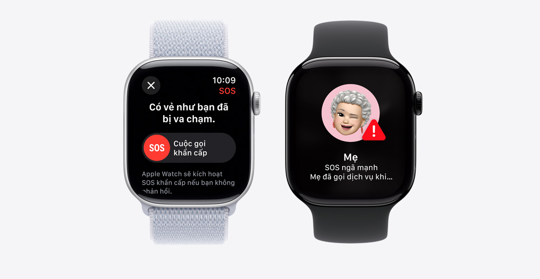 Hai chiếc Apple Watch Series 9. Chiếc đầu tiên hiển thị màn hình phát hiện một cú ngã và thiết bị đang gọi các dịch vụ khẩn cấp. Chiếc thứ hai hiển thị đã phát hiện thấy 